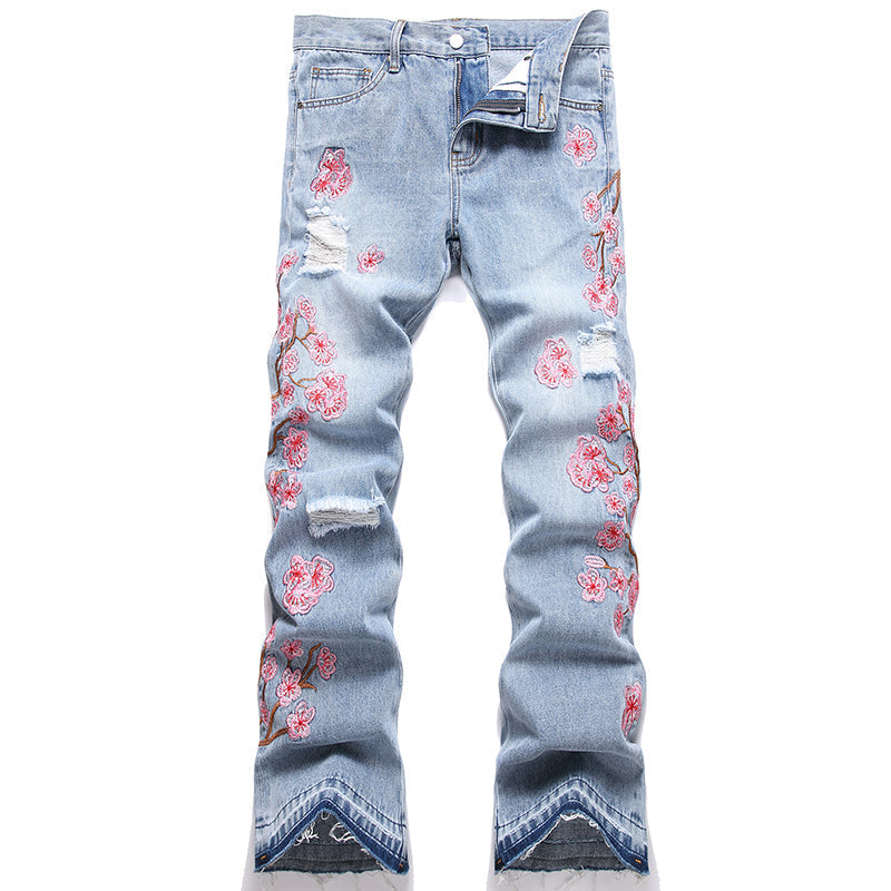 Mens Fashion Jeans Pink cherry blossom embroidered wide-leg pants 5711# Pure cotton high quality