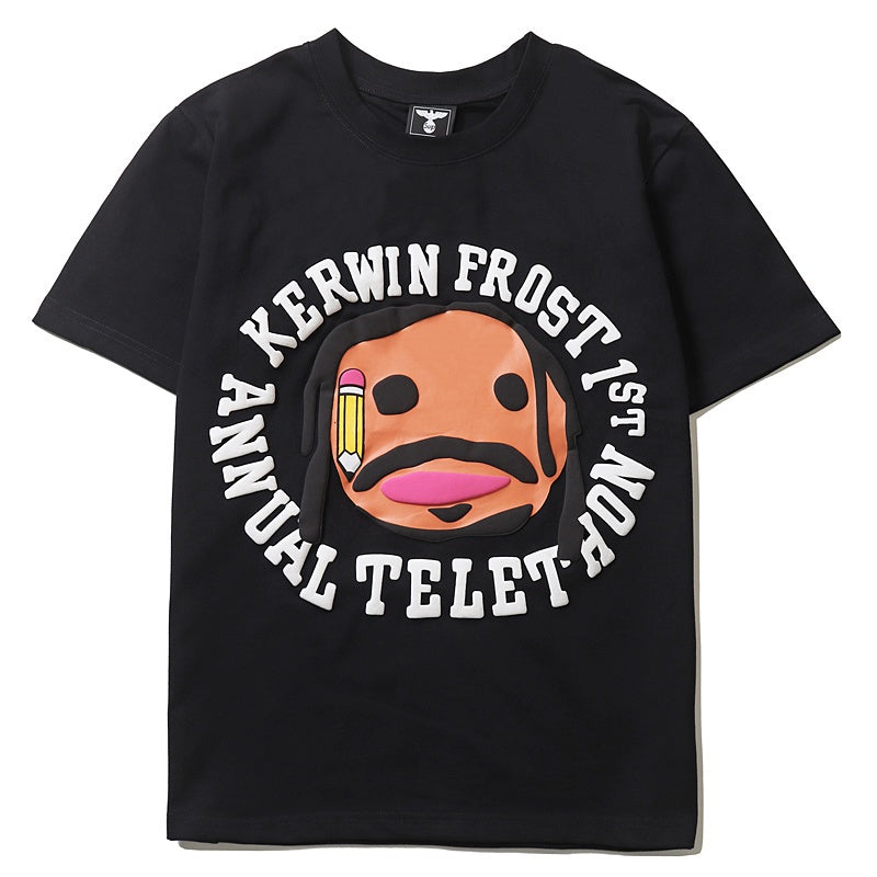 Mens T-shirt Vintage American-style Kanye & Pharrell hand-drawn doodle puff print