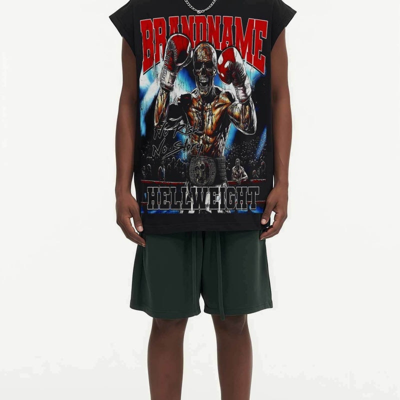 BIG FACE Drop-Shoulder Tank Top High-street vintage style featuring a small neckline, white-ink digital direct-to-garment (DTG) printing, and a heavy-duty, distressed wash finish; crafted from 260g double-yarn plain-knit fabric.
