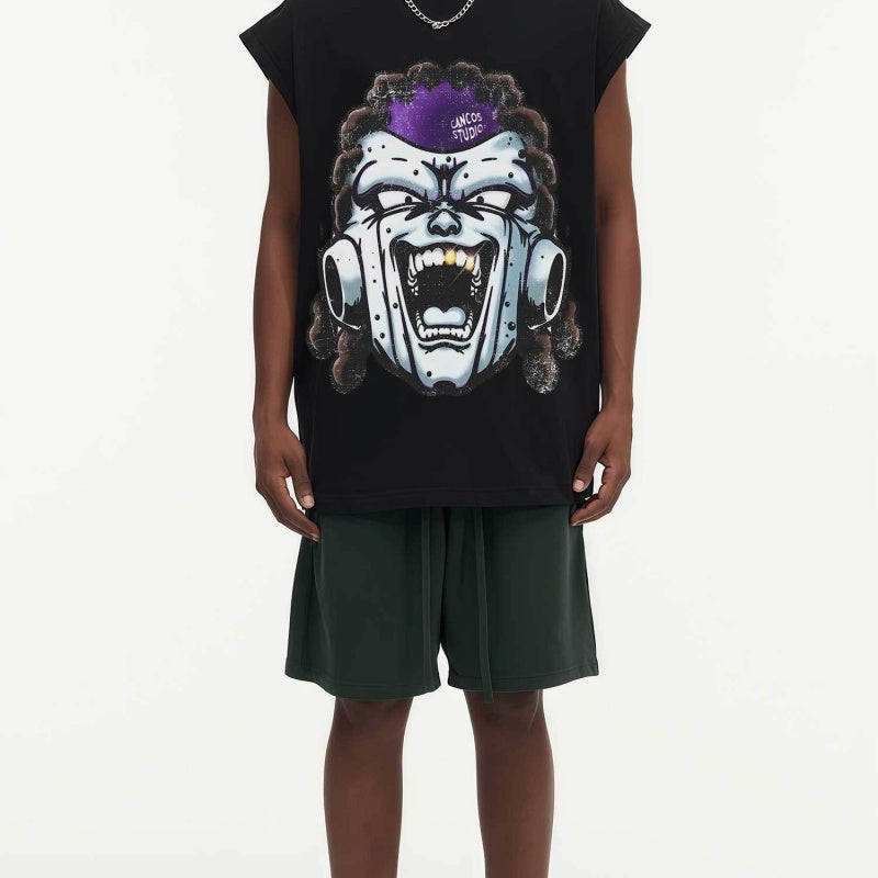 BIG FACE Drop-Shoulder Tank Top High-street vintage style featuring a small neckline, white-ink digital direct-to-garment (DTG) printing, and a heavy-duty, distressed wash finish; crafted from 260g double-yarn plain-knit fabric.