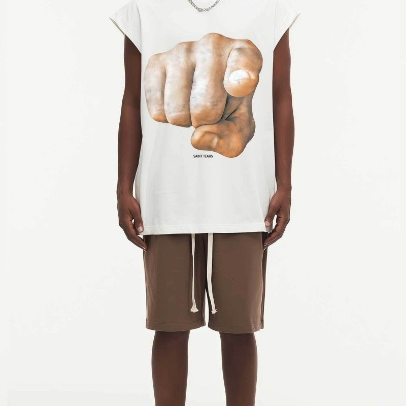 BIG FACE Drop-Shoulder Tank Top High-street vintage style featuring a small neckline, white-ink digital direct-to-garment (DTG) printing, and a heavy-duty, distressed wash finish; crafted from 260g double-yarn plain-knit fabric.