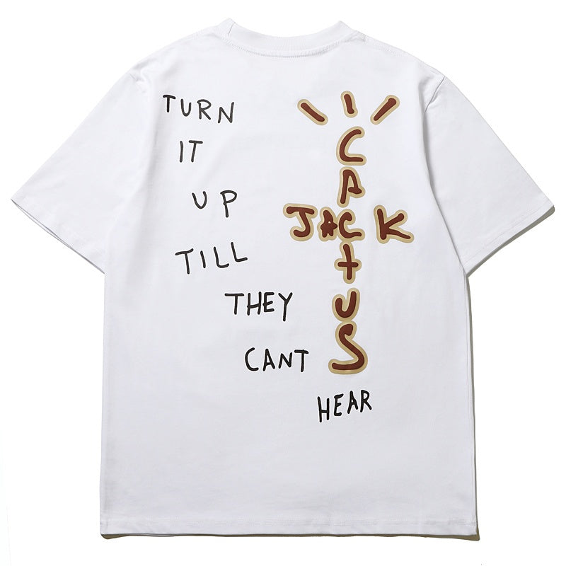 Mens T-shirt Vintage American-style Travis Scott abstract stick-figure letter puff print
