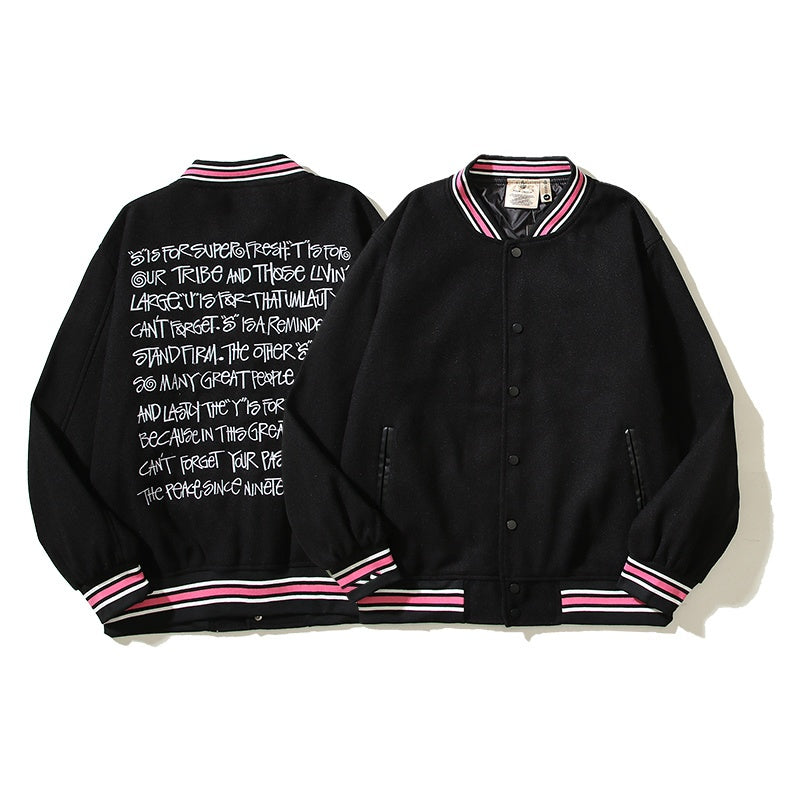 American-style baseball jacket American-style trendy high-street streetwear featuring back-panel graffiti, slogan, and lettering with intricate, high-density embroidery—embodying the vibe aesthetic.