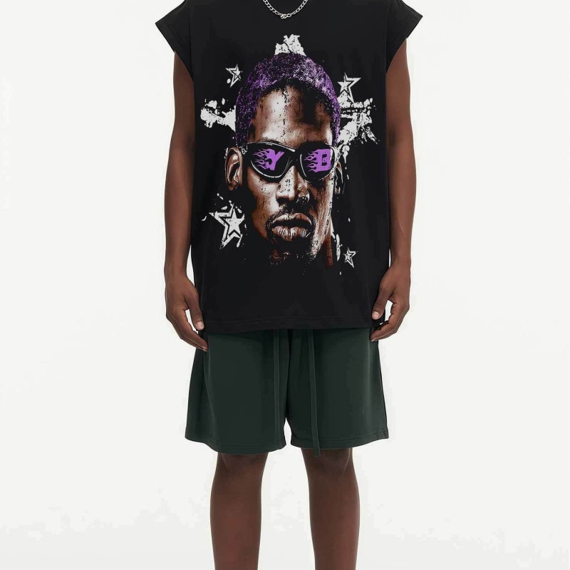 BIG FACE Drop-Shoulder Tank Top High-street vintage style featuring a small neckline, white-ink digital direct-to-garment (DTG) printing, and a heavy-duty, distressed wash finish; crafted from 260g double-yarn plain-knit fabric.