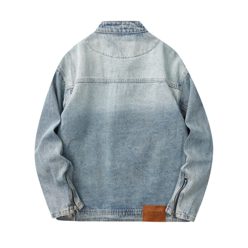 Denim Jacket & Jeans High-Street Trend Mens Y2K Streetwear Jacket Vintage Light Blue Washed Moto Biker Zip Front Casual Denim Outerwear (jacket and jeans must be purchased separately.)