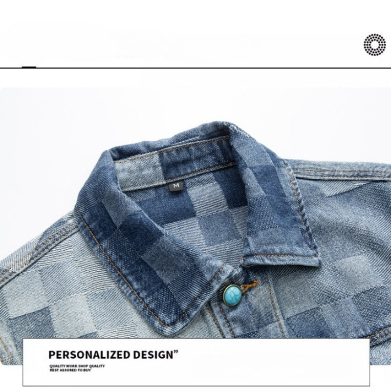 Denim Jacket & Jeans High-Street Trend Streetwear Jacket Vintage Blue Washed Grid Graphic Turquoise Button Casual Denim Outerwear (jacket and jeans must be purchased separately.)