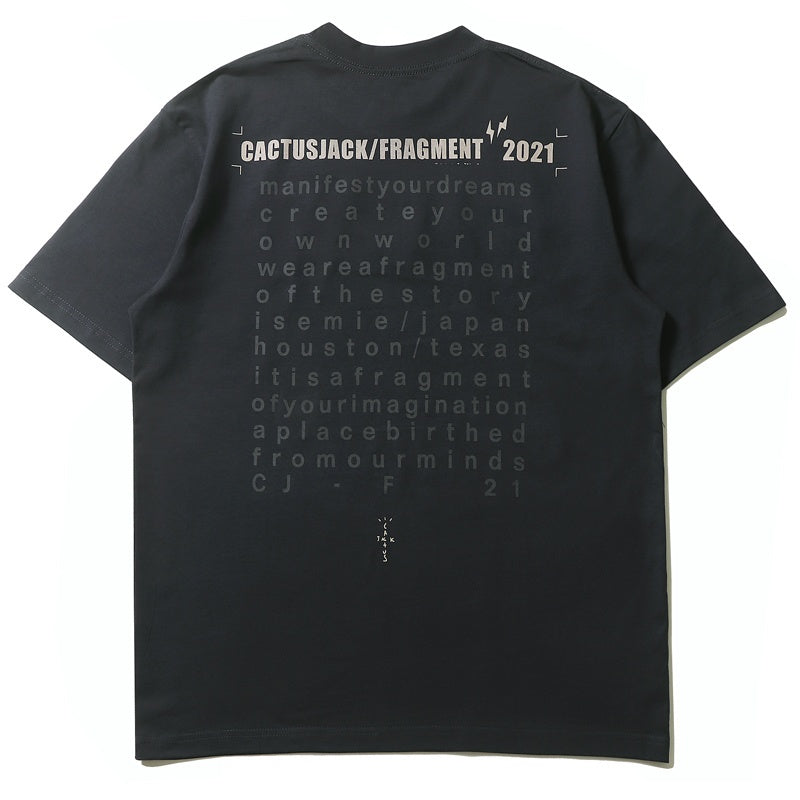 Mens T-shirt Vintage Kanye x Cactus Jack collaboration featuring Hiroshi Fujiwara's Fragment lightning bolt graphic.
