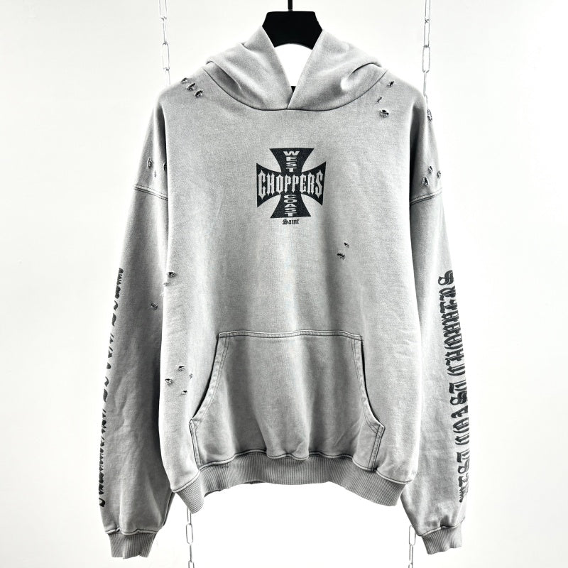 Unisex Vintage Hoodie Saint West Coast Chopper Limited Edition Washed & Distressed Hoodie â€?Featuring multi-zone handcrafted distressing and a heavyweight fabric with an enzyme-milled, faded wash finish.