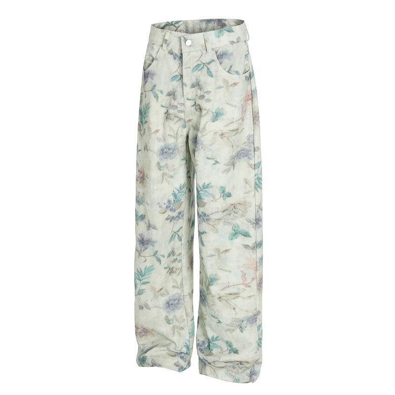 American-style streetwear harem pants Vintage Botanical Floral Print Soft Textured Weave