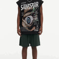 BIG FACE Drop-Shoulder Tank Top High-street vintage style featuring a small neckline, white-ink digital direct-to-garment (DTG) printing, and a heavy-duty, distressed wash finish; crafted from 260g double-yarn plain-knit fabric.