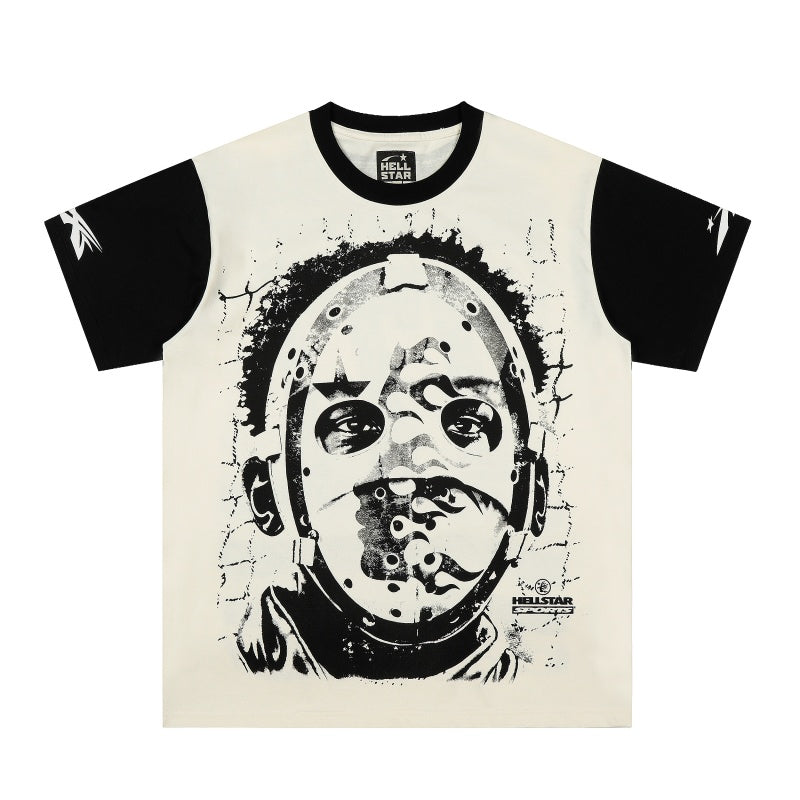 Vintage-style American T-shirt Monochrome Masked Figure Raglan Portrait Print