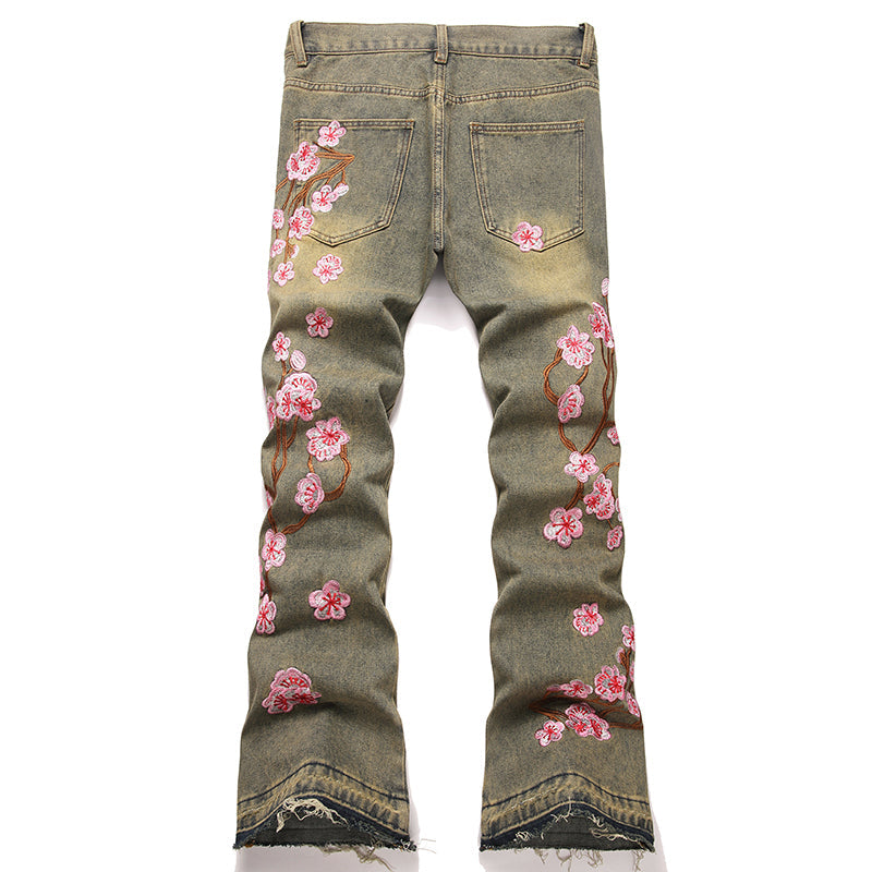 Mens Fashion Jeans Pink cherry blossom embroidery 5719# Pure cotton high quality