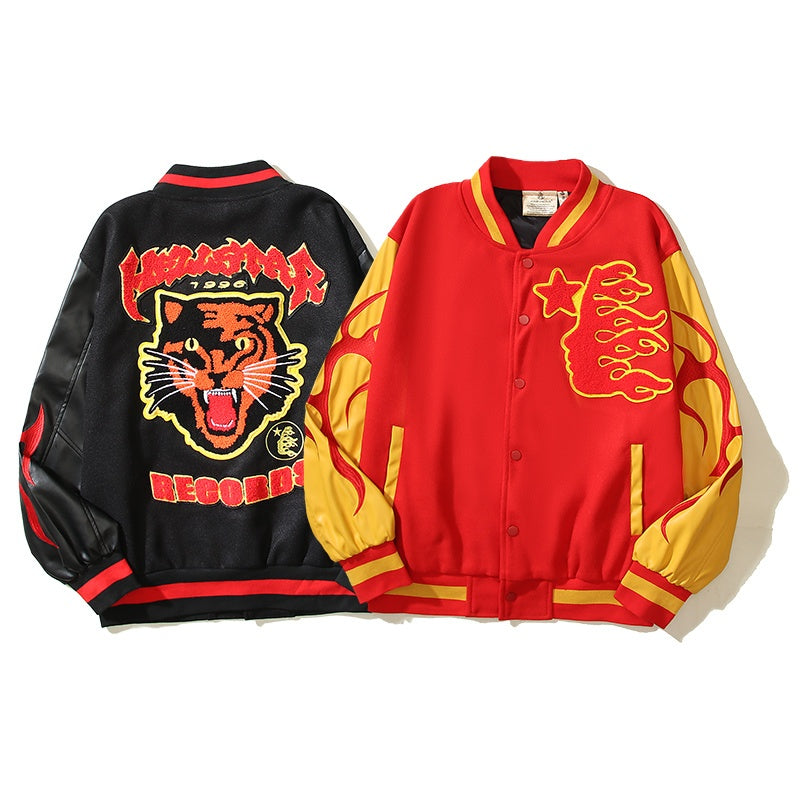 American-style baseball jacket High-street style HELL tiger-motif varsity jacket featuring color-blocking, contrast paneling, and embroidery—an Instagram-trending design.