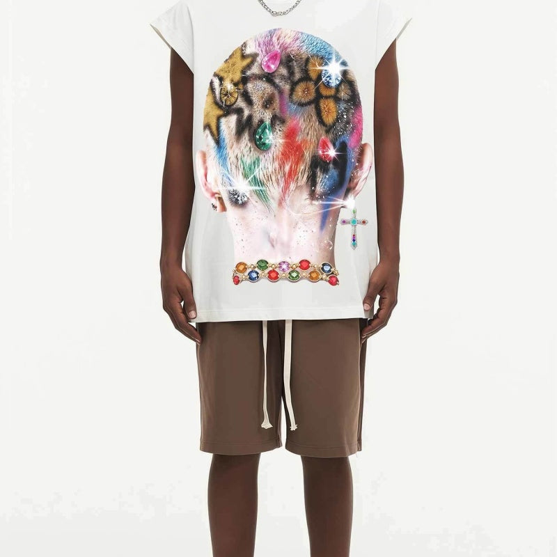 BIG FACE Drop-Shoulder Tank Top High-street vintage style featuring a small neckline, white-ink digital direct-to-garment (DTG) printing, and a heavy-duty, distressed wash finish; crafted from 260g double-yarn plain-knit fabric.