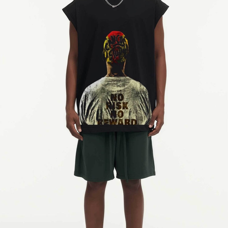 BIG FACE Drop-Shoulder Tank Top High-street vintage style featuring a small neckline, white-ink digital direct-to-garment (DTG) printing, and a heavy-duty, distressed wash finish; crafted from 260g double-yarn plain-knit fabric.
