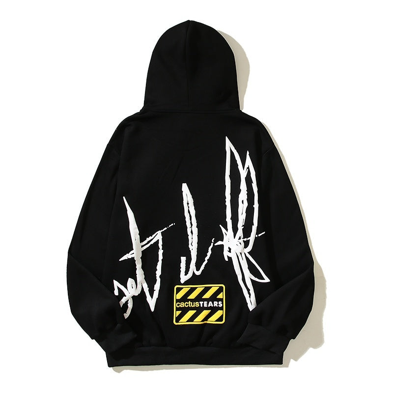 Denim Tears Hoodie Y2K Cactus Tears Caution Sign Graffiti Printed Oversized Hoodie