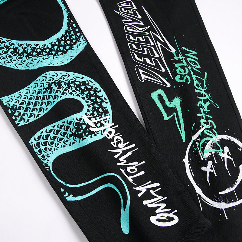 Mens Fashion Jeans Green Snake Street Graffiti 5705# Pure cotton high quality