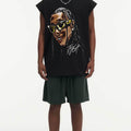 BIG FACE Drop-Shoulder Tank Top High-street vintage style featuring a small neckline, white-ink digital direct-to-garment (DTG) printing, and a heavy-duty, distressed wash finish; crafted from 260g double-yarn plain-knit fabric.
