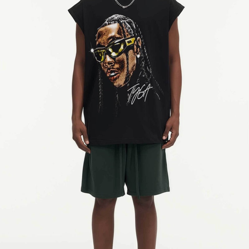 BIG FACE Drop-Shoulder Tank Top High-street vintage style featuring a small neckline, white-ink digital direct-to-garment (DTG) printing, and a heavy-duty, distressed wash finish; crafted from 260g double-yarn plain-knit fabric.