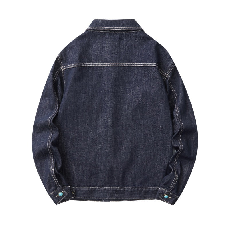 Denim Jacket & Jeans High-Street Trend Hip Hop Denim Pants Loose Fit Dark Blue Contrast Stitching Button Fly Straight Cut Raw Denim Jeans Streetwear Vintage Trousers (jacket and jeans must be purchased separately.)