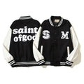 American-style baseball jacket High-street Saint of God American-style color-block varsity jacket for men; loose-fit unisex design featuring leather sleeves and a wool-blend body.