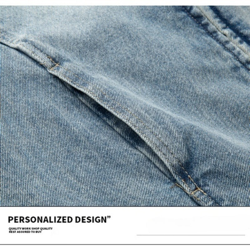 Denim Jacket & Jeans High-Street Trend Mens Y2K Streetwear Jacket Vintage Light Blue Washed Moto Biker Zip Front Casual Denim Outerwear (jacket and jeans must be purchased separately.)