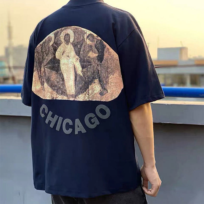 Mens T-shirt Vintage American-style Kanye-style oversized high-neck hip-hop tee featuring Three Gods puff print.