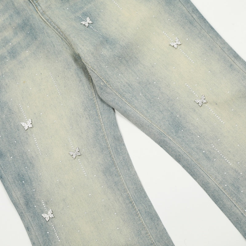 American-style streetwear harem pants Distressed Washed Butterfly Decor Wide Bootcut Trousers