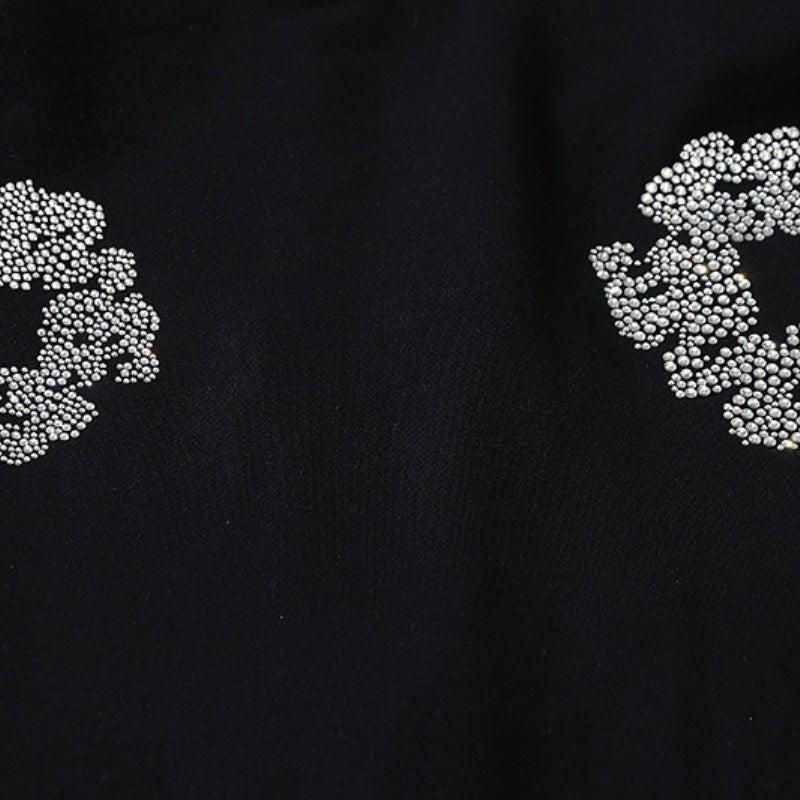Denim Tears Hoodie Fleece Bling Rhinestone Flower Wreath Graphic Oversized Zip-Up Hooded