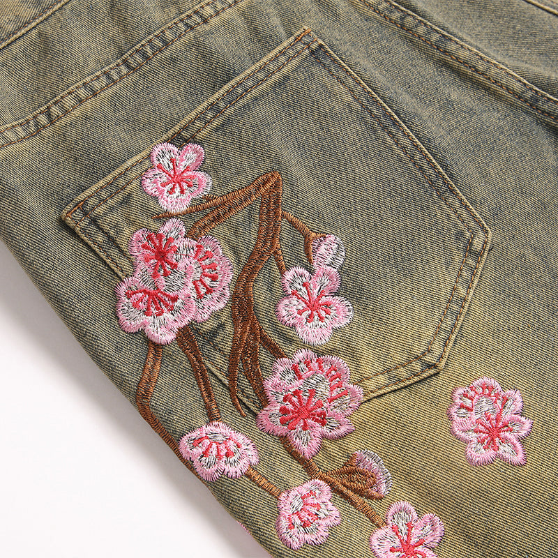 Mens Fashion Jeans Pink cherry blossom embroidery 5719# Pure cotton high quality