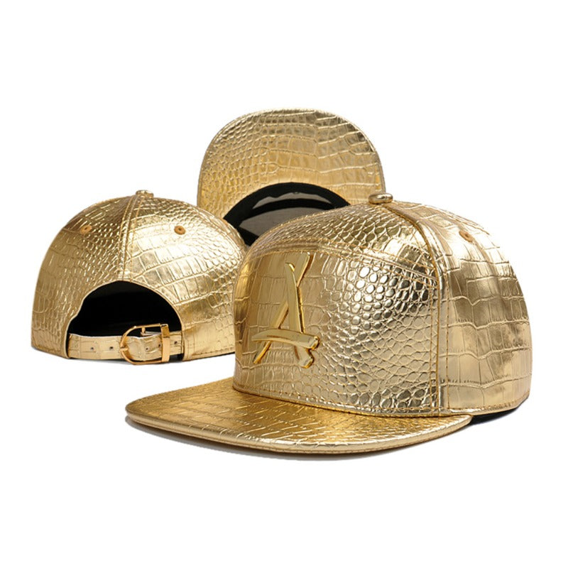 Trendy flat brimmed snapback hatsgold leather adjustable visor