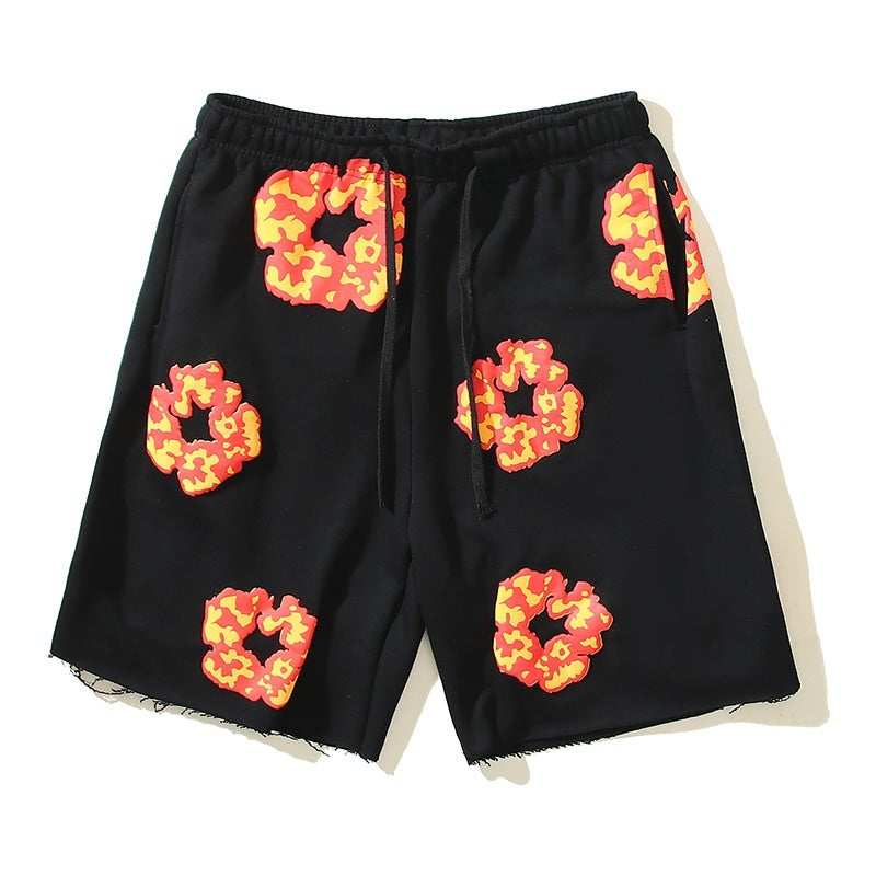 Denim Tears Shorts Cotton All-Over Flame Flower Wreath Graphic Oversized Drawstring