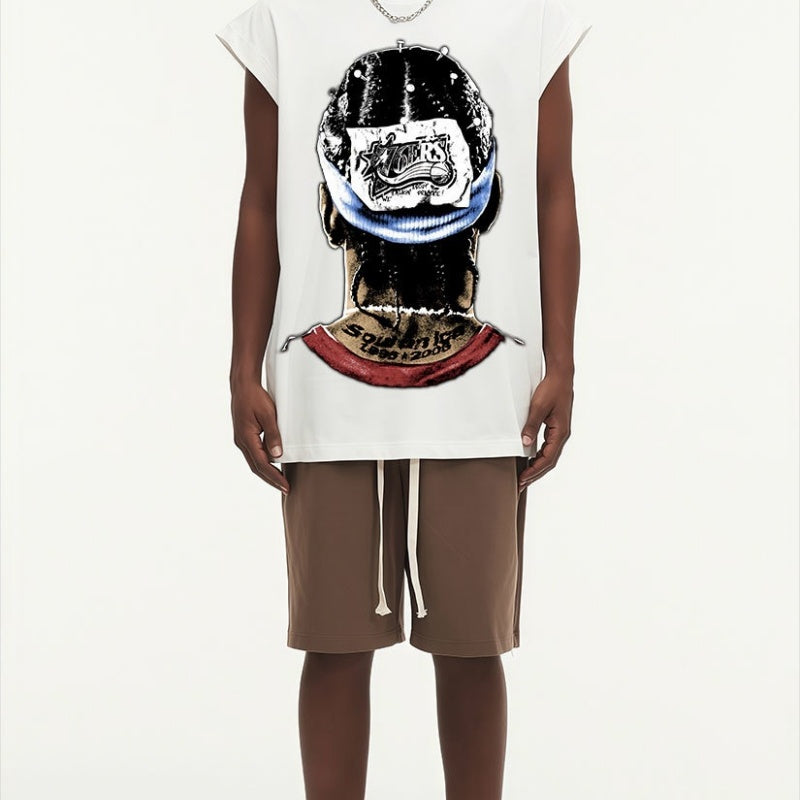 BIG FACE Drop-Shoulder Tank Top High-street vintage style featuring a small neckline, white-ink digital direct-to-garment (DTG) printing, and a heavy-duty, distressed wash finish; crafted from 260g double-yarn plain-knit fabric.