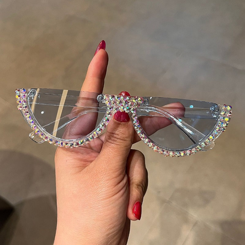 Trendy punk glasses half-frame retro diamond