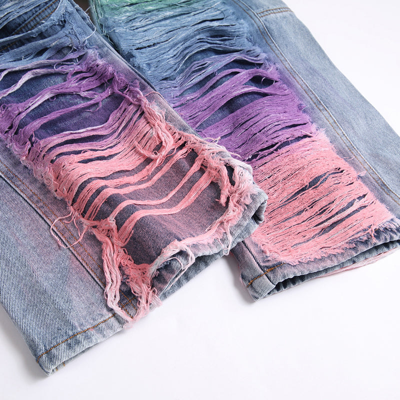 Mens Fashion Jeans Colorful Destructive Ribbons 5715# Pure cotton high quality