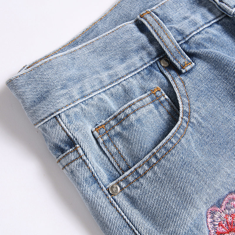 Mens Fashion Jeans Pink cherry blossom embroidered wide-leg pants 5711# Pure cotton high quality