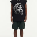 BIG FACE Drop-Shoulder Tank Top High-street vintage style featuring a small neckline, white-ink digital direct-to-garment (DTG) printing, and a heavy-duty, distressed wash finish; crafted from 260g double-yarn plain-knit fabric.