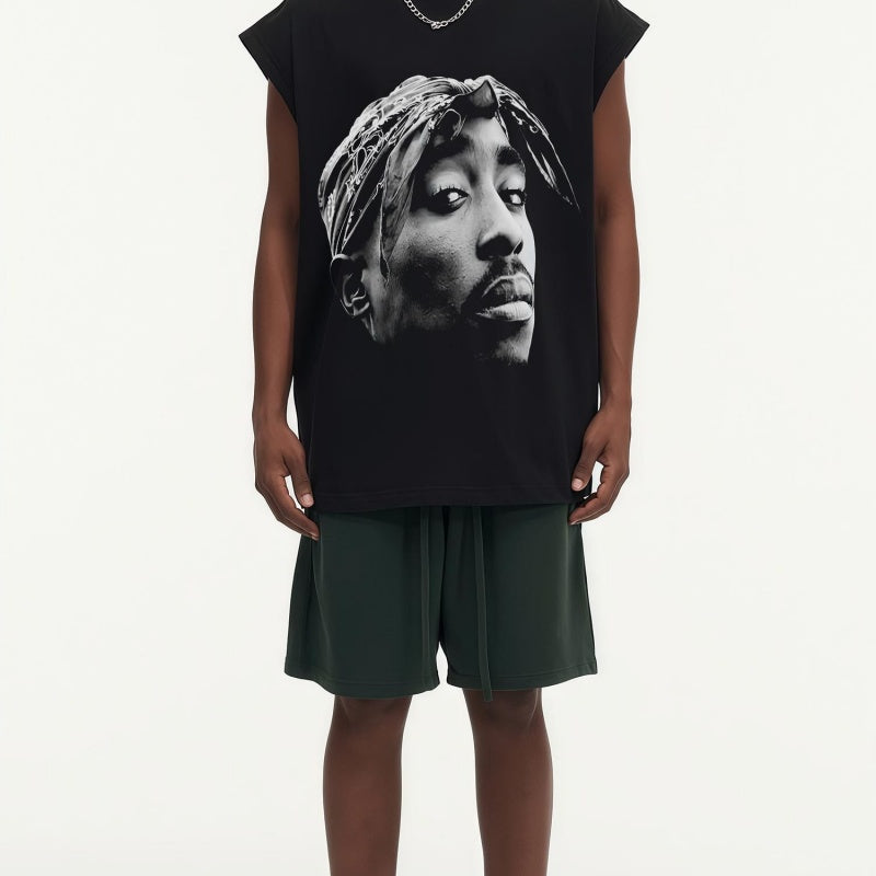 BIG FACE Drop-Shoulder Tank Top High-street vintage style featuring a small neckline, white-ink digital direct-to-garment (DTG) printing, and a heavy-duty, distressed wash finish; crafted from 260g double-yarn plain-knit fabric.