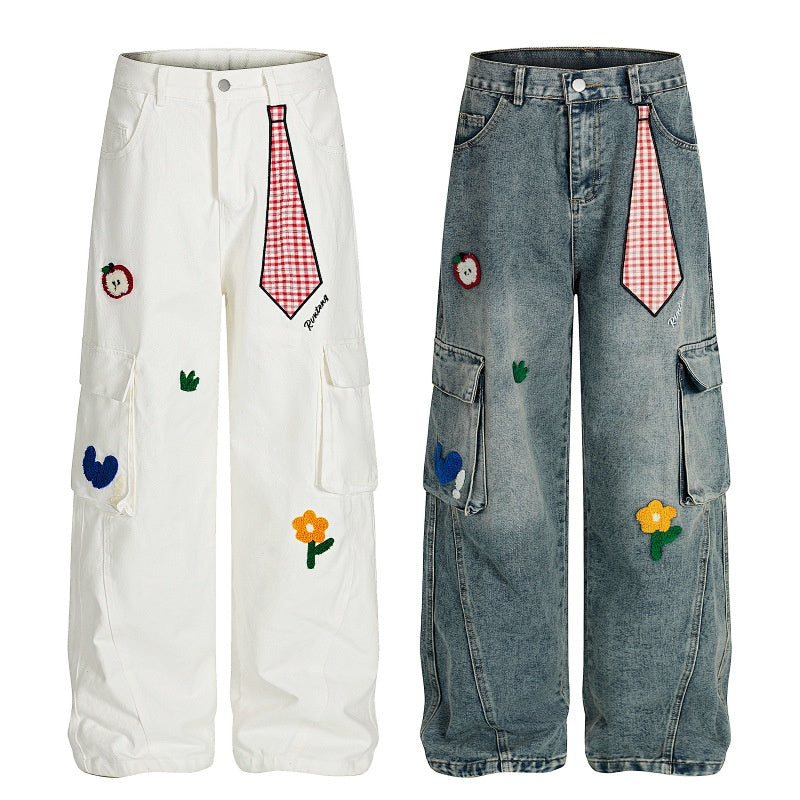 American-style streetwear harem pants Plaid Tie Patch Multi Cargo Pocket Design