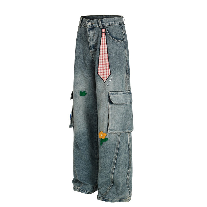 American-style streetwear harem pants Plaid Tie Patch Multi Cargo Pocket Design