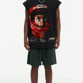 BIG FACE Drop-Shoulder Tank Top High-street vintage style featuring a small neckline, white-ink digital direct-to-garment (DTG) printing, and a heavy-duty, distressed wash finish; crafted from 260g double-yarn plain-knit fabric.