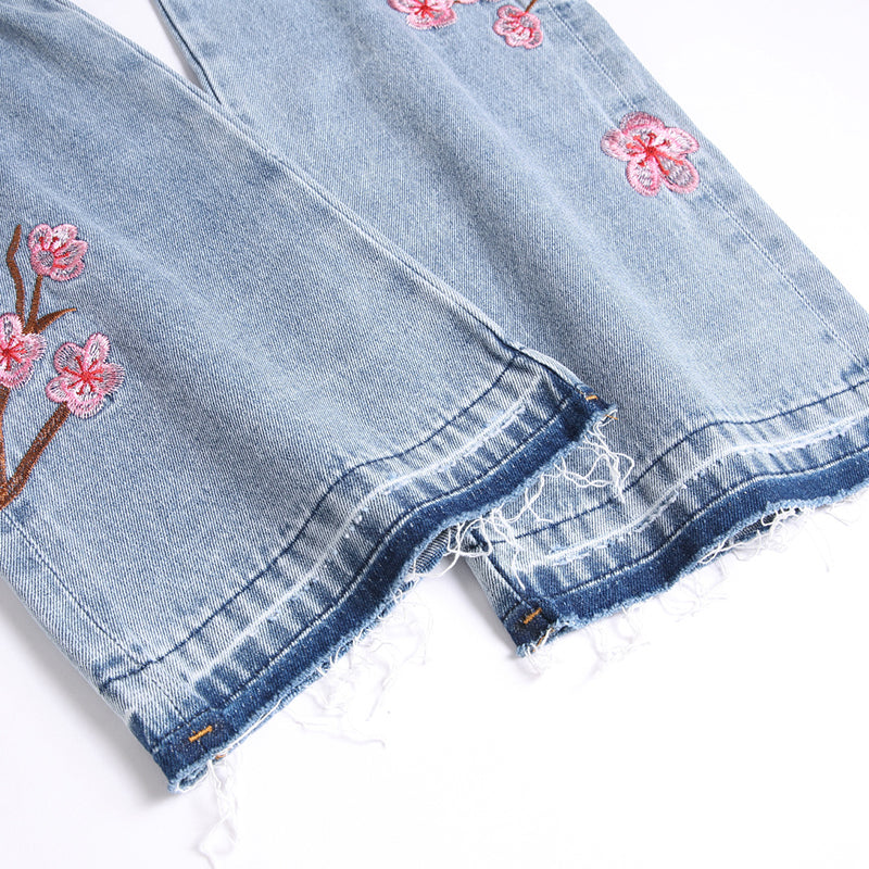 Mens Fashion Jeans Pink cherry blossom embroidered wide-leg pants 5711# Pure cotton high quality