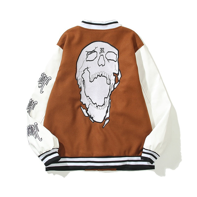 American-style baseball jacket Revenge Varsity Padded Jacket with Skull Embroidery and Leather Sleeves