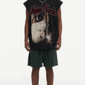 BIG FACE Drop-Shoulder Tank Top High-street vintage style featuring a small neckline, white-ink digital direct-to-garment (DTG) printing, and a heavy-duty, distressed wash finish; crafted from 260g double-yarn plain-knit fabric.