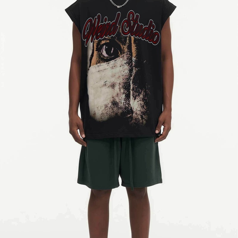 BIG FACE Drop-Shoulder Tank Top High-street vintage style featuring a small neckline, white-ink digital direct-to-garment (DTG) printing, and a heavy-duty, distressed wash finish; crafted from 260g double-yarn plain-knit fabric.