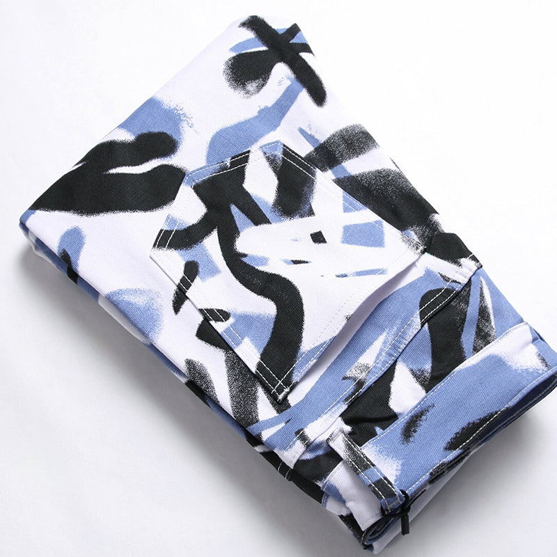 Mens Fashion Jeans Blue paintbrush graffiti 8837# Pure cotton high quality