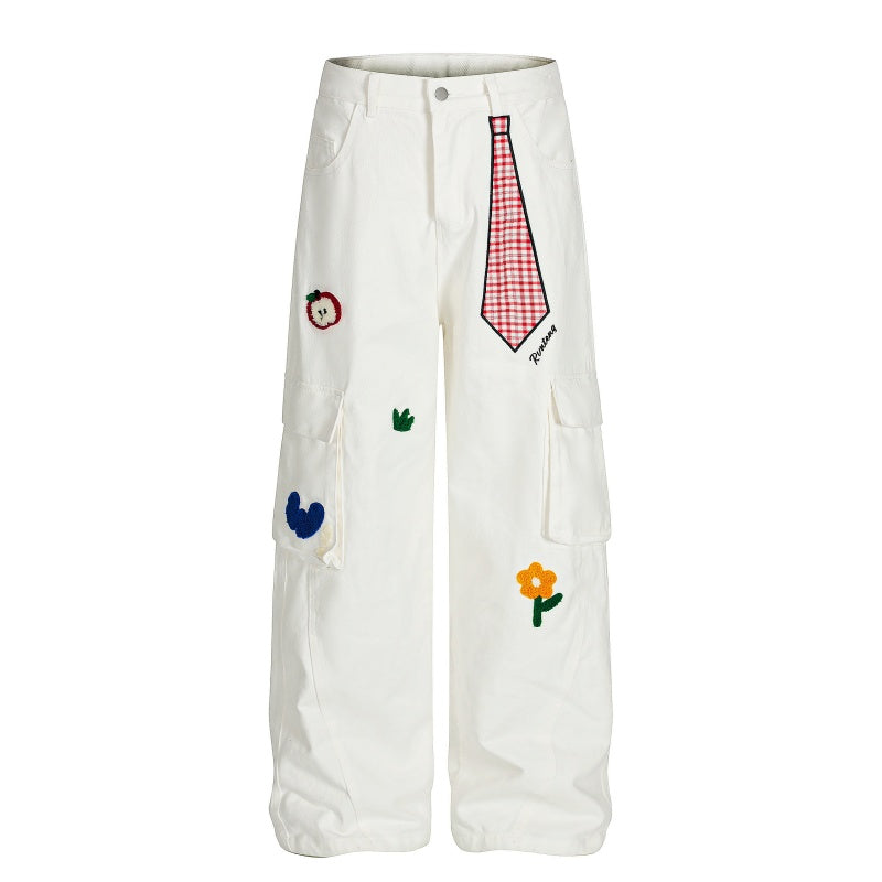 American-style streetwear harem pants Plaid Tie Patch Multi Cargo Pocket Design