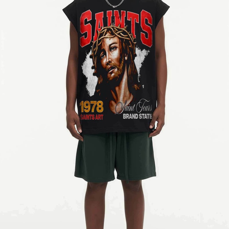BIG FACE Drop-Shoulder Tank Top High-street vintage style featuring a small neckline, white-ink digital direct-to-garment (DTG) printing, and a heavy-duty, distressed wash finish; crafted from 260g double-yarn plain-knit fabric.