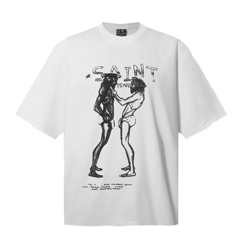 Saint Michael T Shirts Raw Sketch Style Saint Lettering Human Silhouette Tee Design