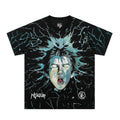 Vintage-style American T-shirt Cracked Teal Lightning Human‑to‑Skull Print